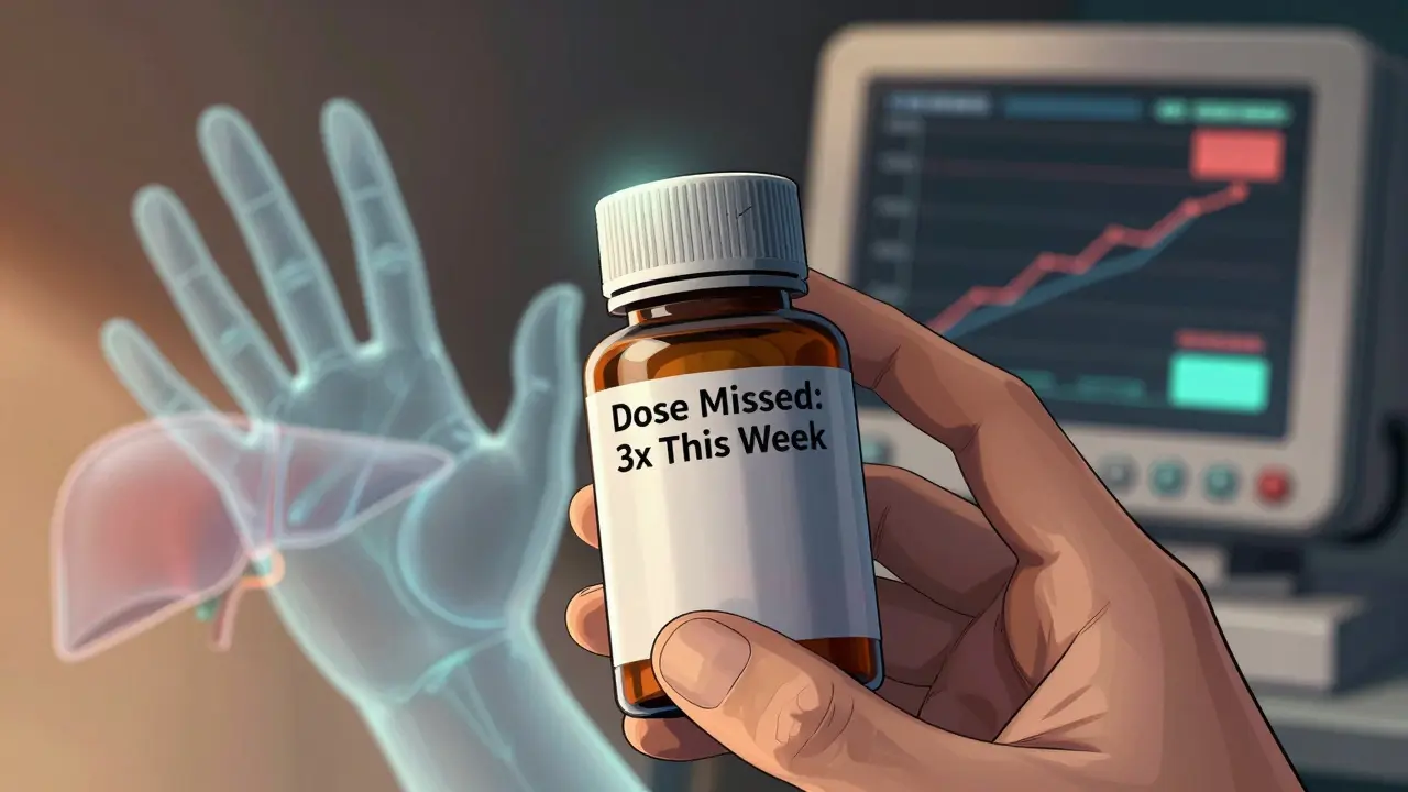 A smart pill bottle shows missed doses while a ghostly hand reaches for a translucent liver, in manhua anime style.
