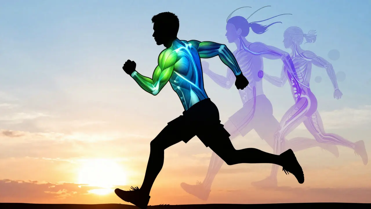 Active human silhouette with layered graphics of treatments aiding muscle and nerve recovery.