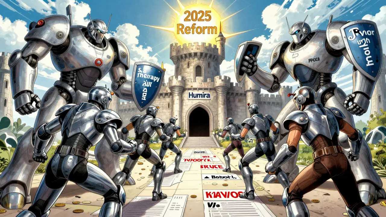 Biosimilar warriors attacking a Humira castle defended by PBMs in a stylized medical battlefield.