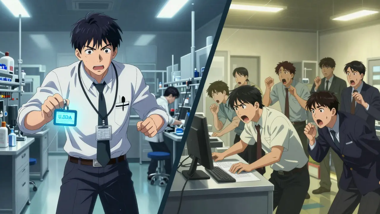 Contrasting clean U.S. drug factory inspection with a chaotic foreign plant hiding violations.