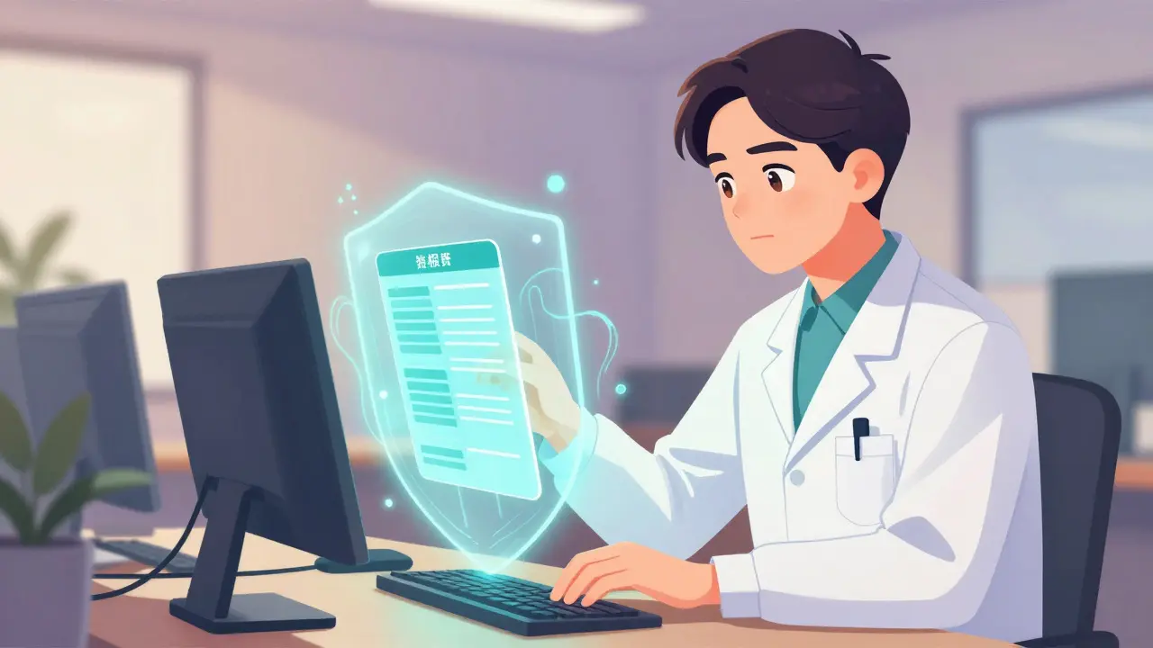 Healthcare worker at desk submitting report through digital system