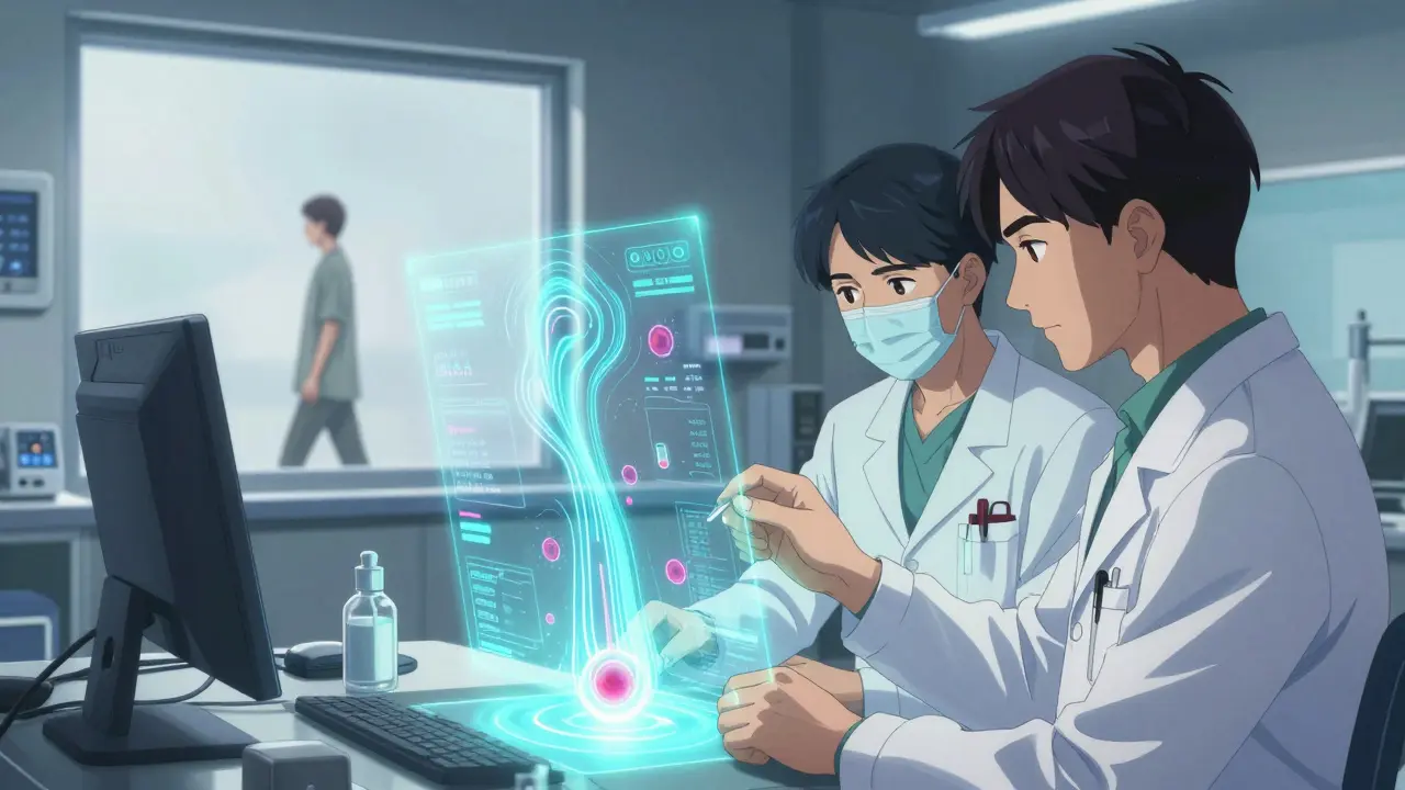 Medical staff analyze a glowing blood sample with holographic data streams showing antiretroviral concentrations.