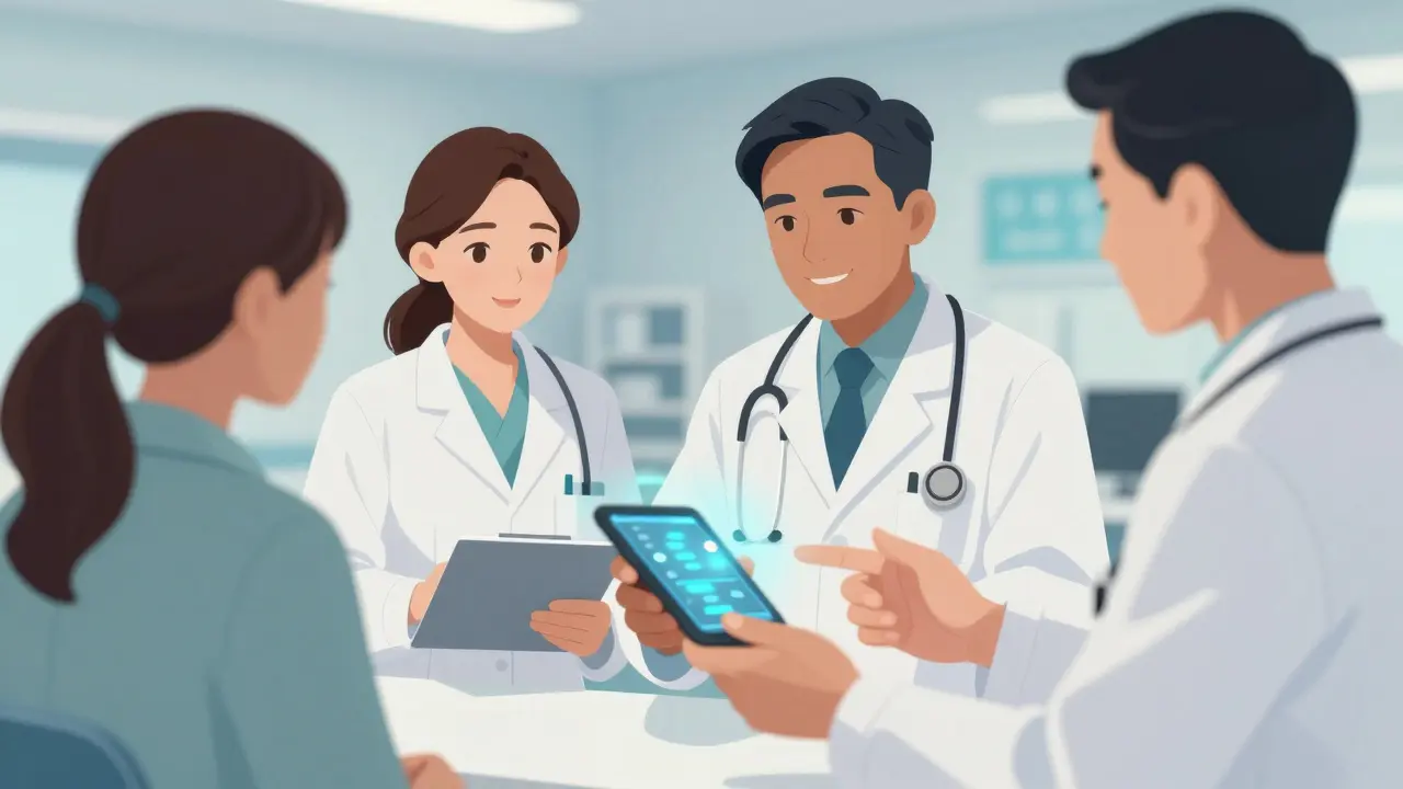 Medical team consulting with patient in clinic.