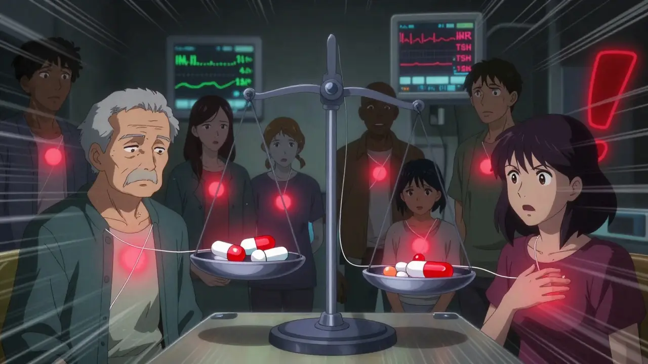 Patients connected by glowing threads to a tipping scale representing NTI drug stability.