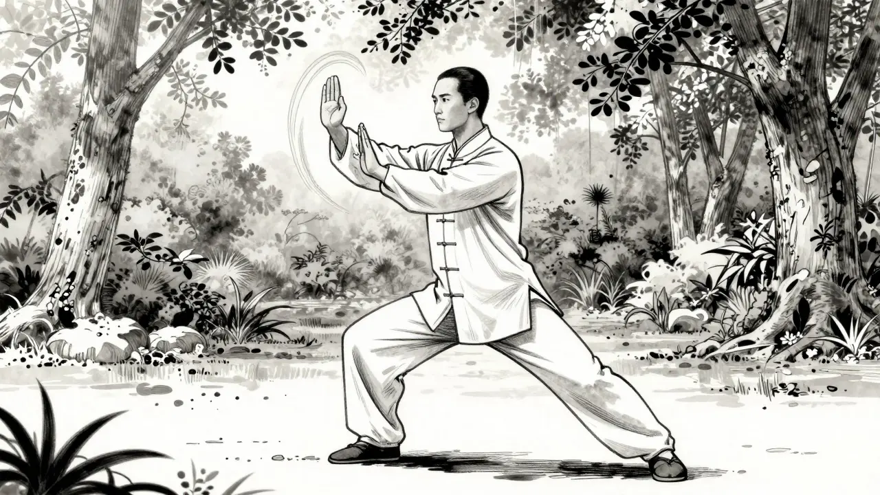 Person practicing tai chi in park, energy lines showing reduced pain and focus.