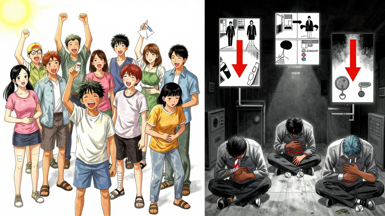 Two parallel paths showing patients using non-opioid treatments versus opioid side effects, with floating data visuals in manga style.