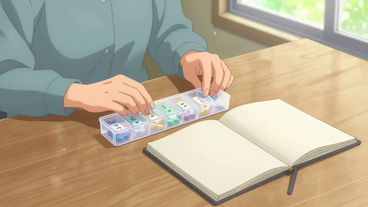 Woman organizing pillbox next to notebook on desk.