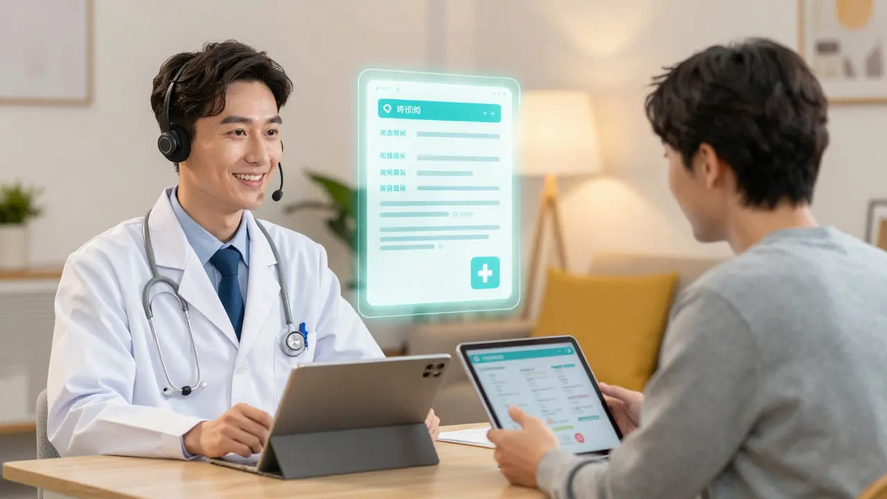 A doctor and patient having a professional telehealth consultation via digital devices.