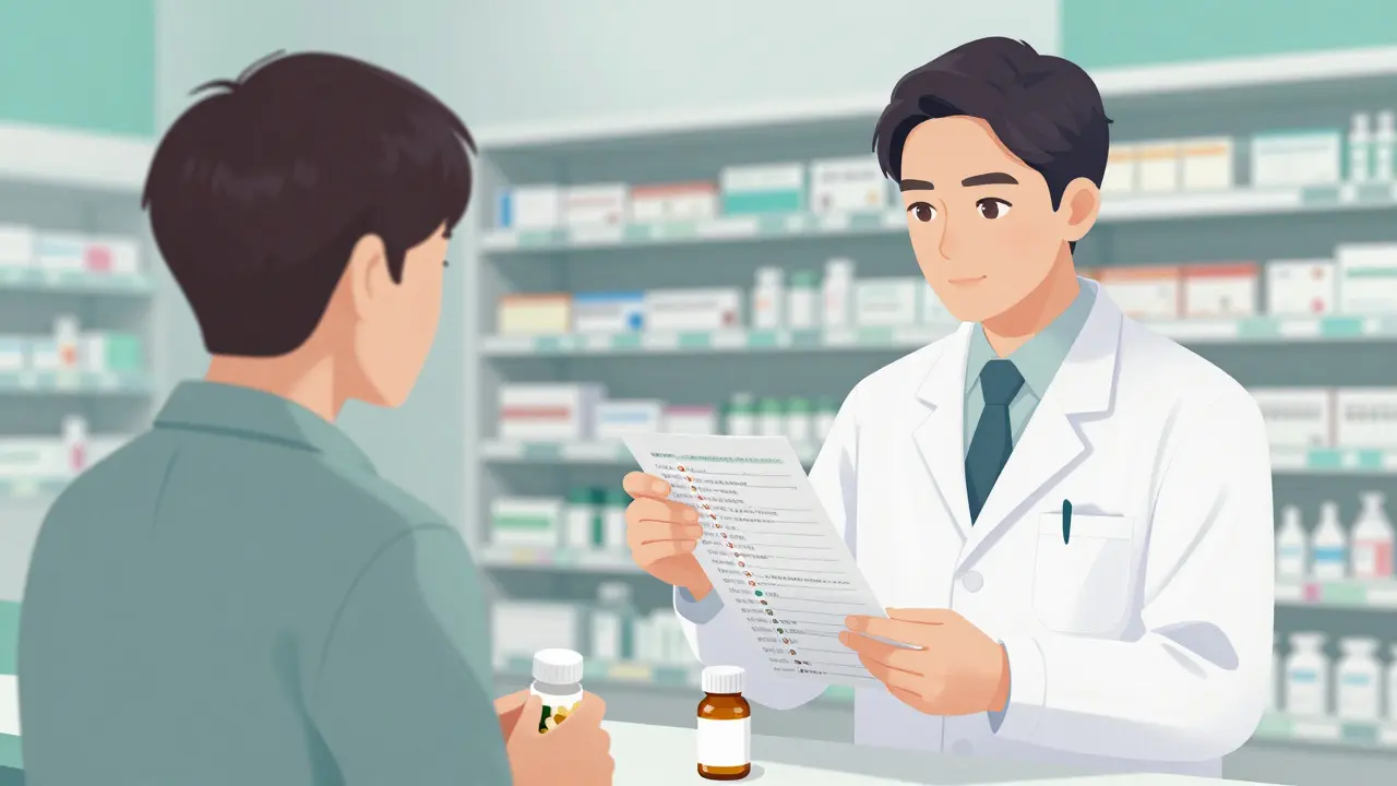A pharmacist and a patient reviewing a list of medications for potential drug interactions