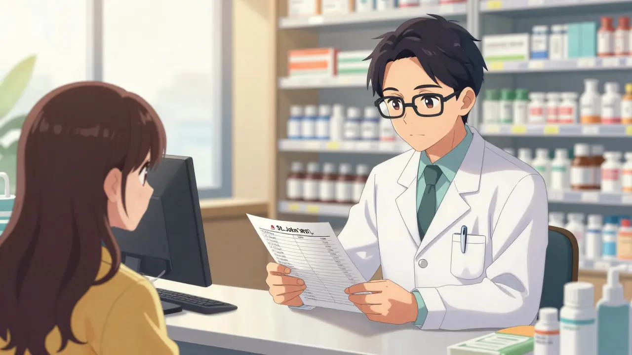 A pharmacist and patient reviewing a medication list together in a manhua style pharmacy.
