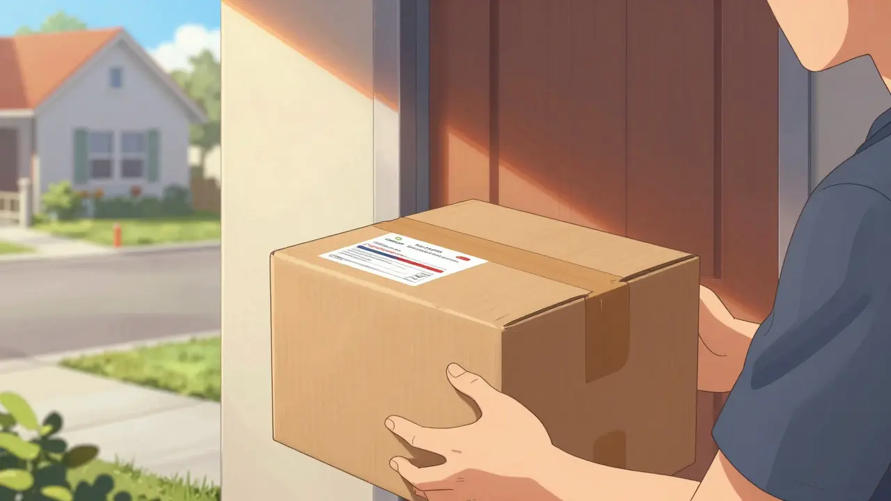 A pharmacy delivery package being collected from a doorstep in manhua style.