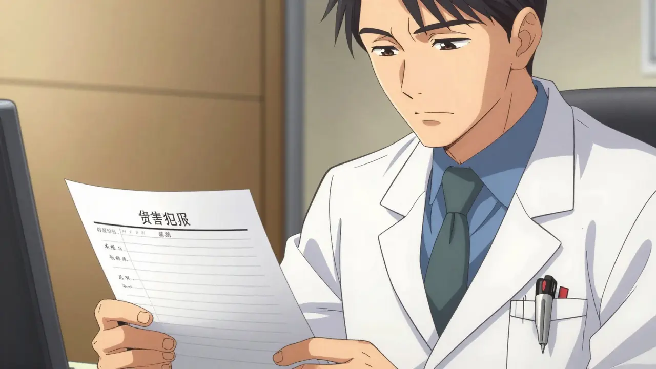 Close-up of a doctor carefully writing a controlled substance prescription, Manhua style.