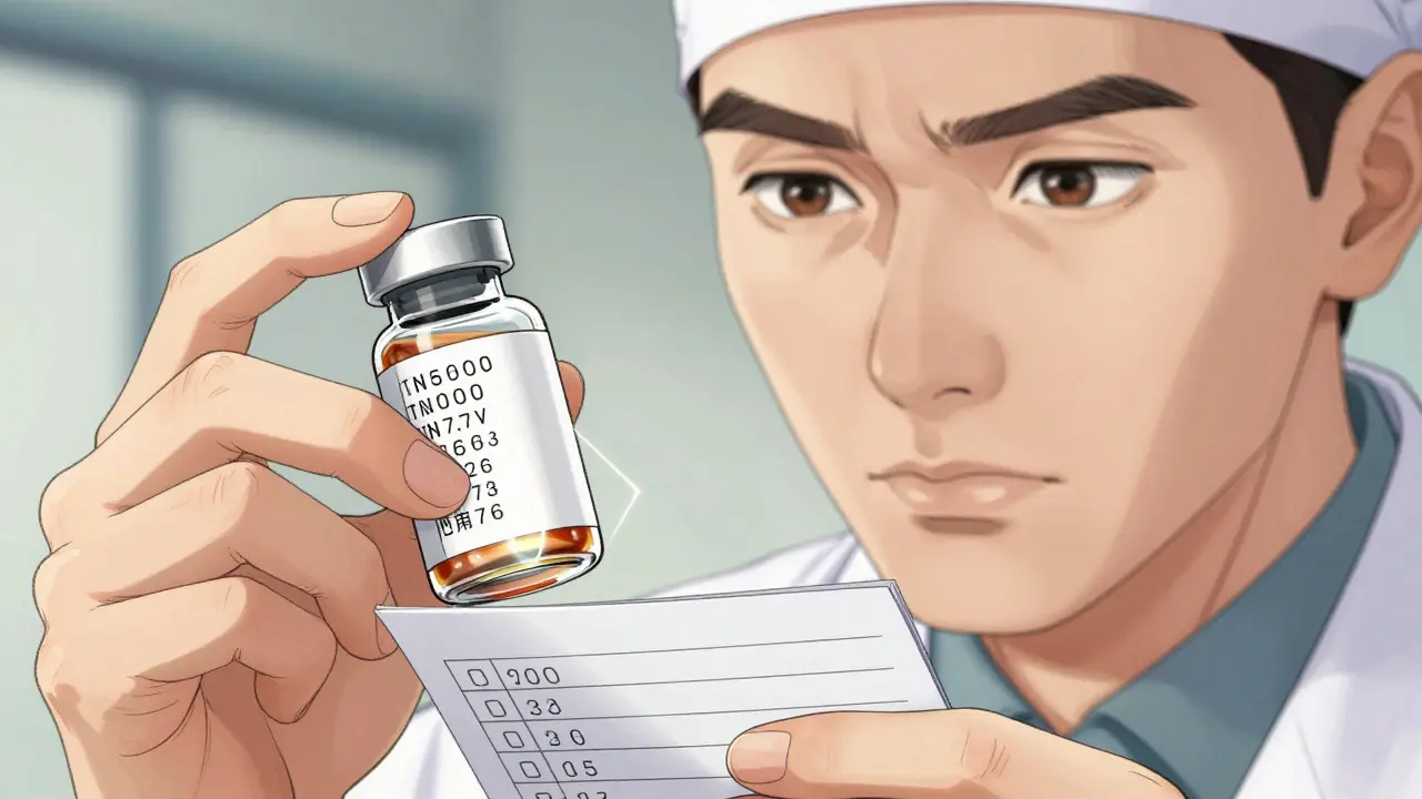 Close-up of a pharmacist verifying a medication lot number against a checklist.