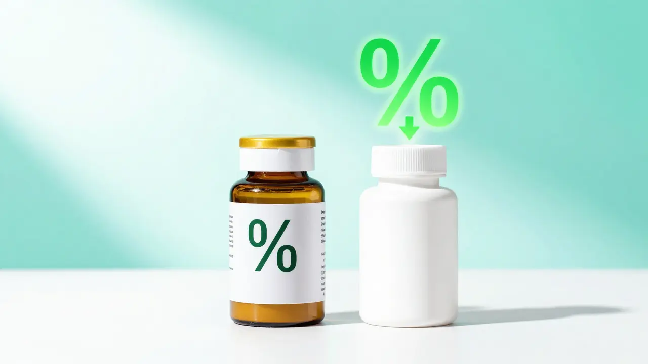 Comparison of a brand-name and generic medication bottle showing cost savings.