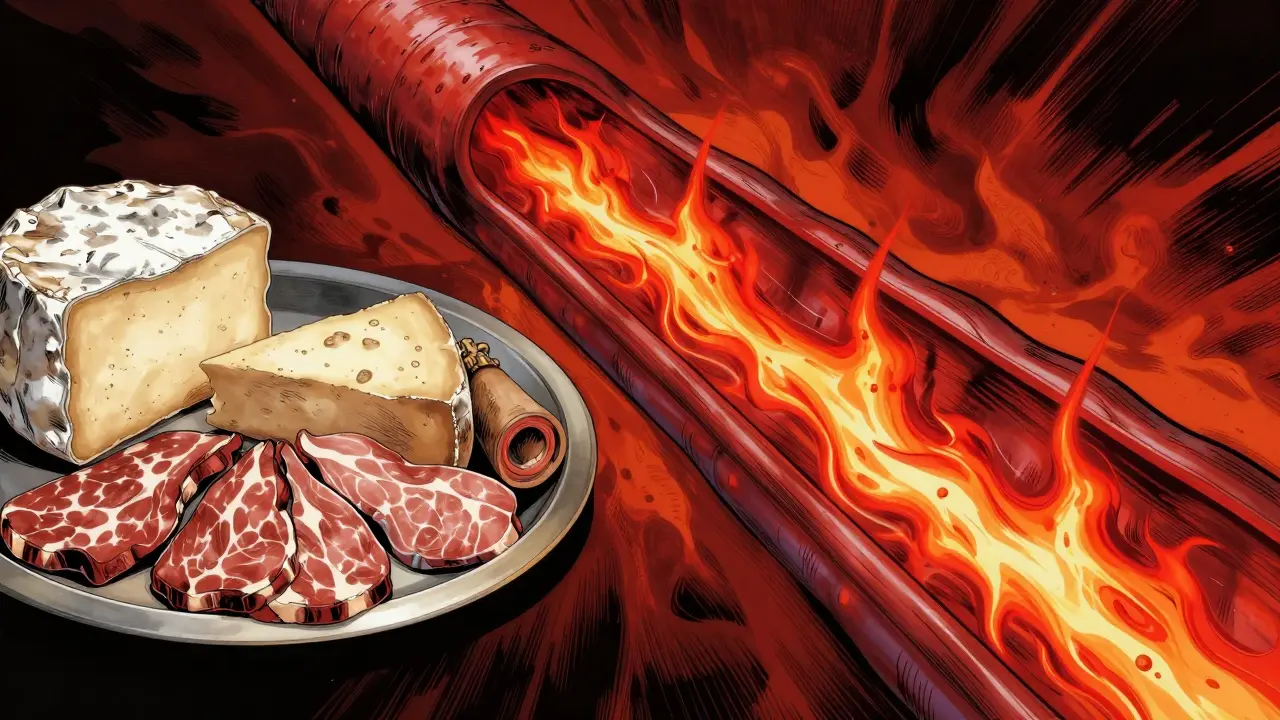 Conceptual art of aged cheese and a blood vessel with red energy surges representing a blood pressure spike