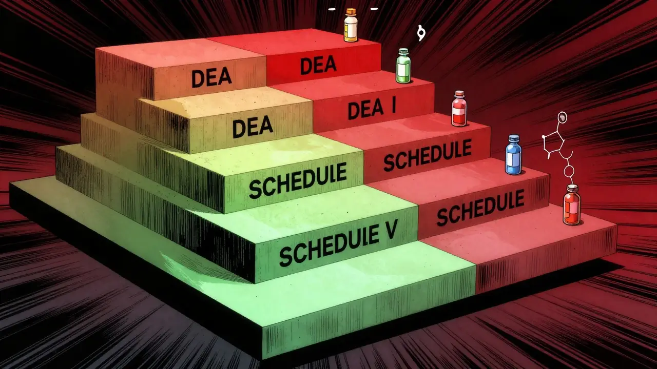 Conceptual staircase showing five medication schedules from green to red, Manhua style.