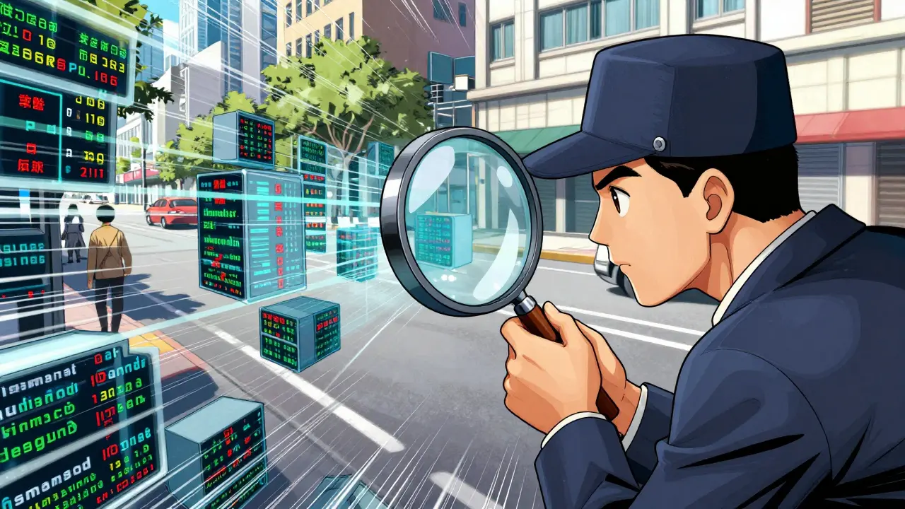 Digital detective using a magnifying glass to find bounding box errors in a city dataset, manhua style.