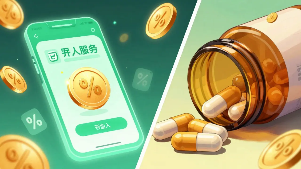 Digital pharmacy app and generic medication capsules in manhua style.