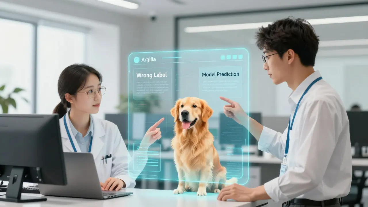 Engineer and annotator collaborating on a holographic screen to correct a dog label in manhua style.