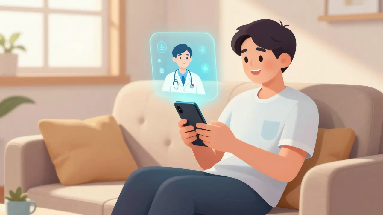 Manhua scene of a person using a smartphone for a telehealth medical consultation