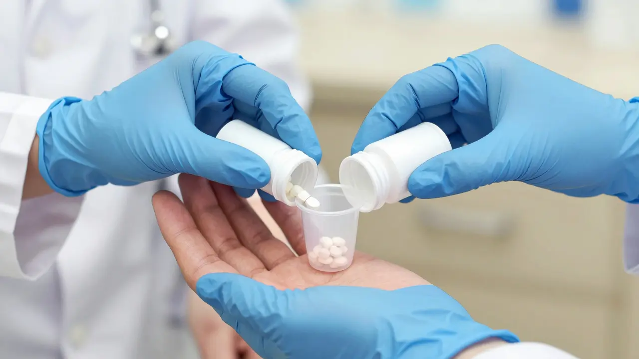 Manhua style close-up of a caregiver using nitrile gloves and a cup to handle chemo pills.