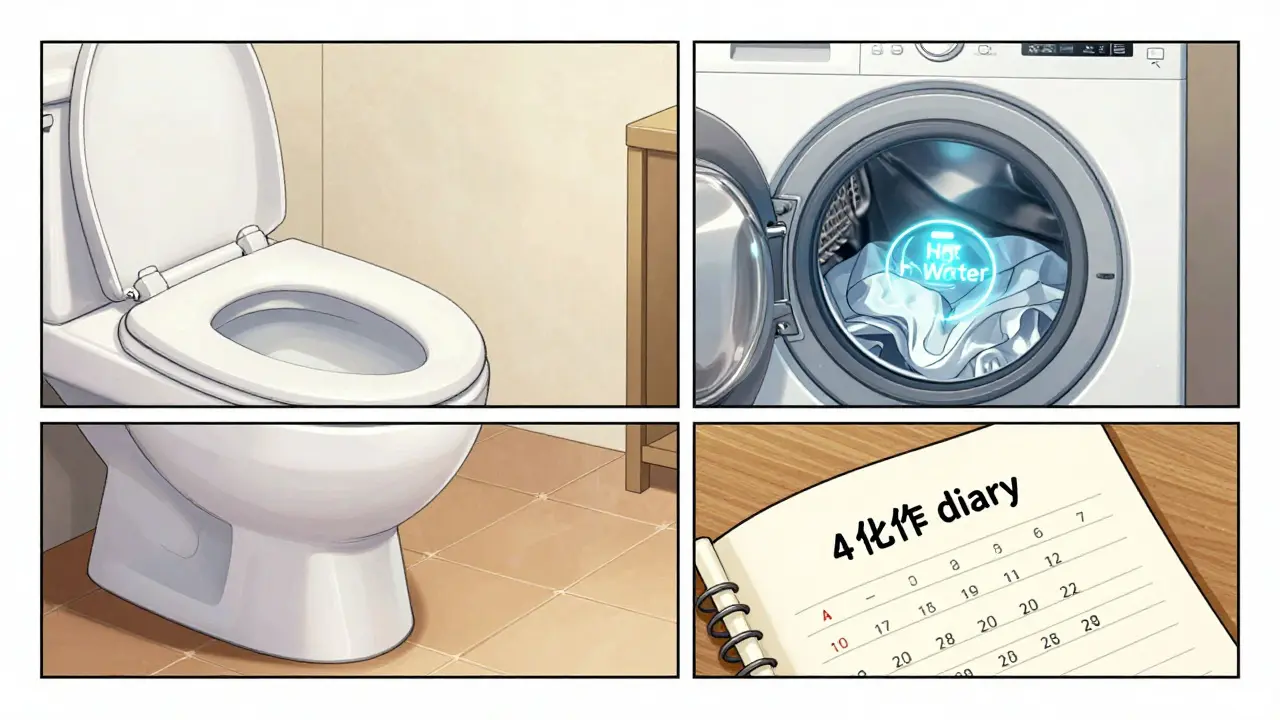 Manhua style montage showing toilet safety, hot water laundry, and a chemo tracking diary.