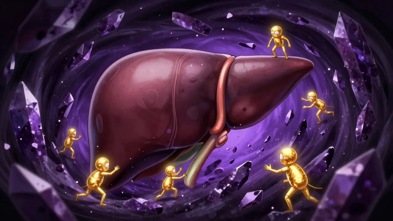 Stylized illustration of liver enzymes being blocked by kava compounds