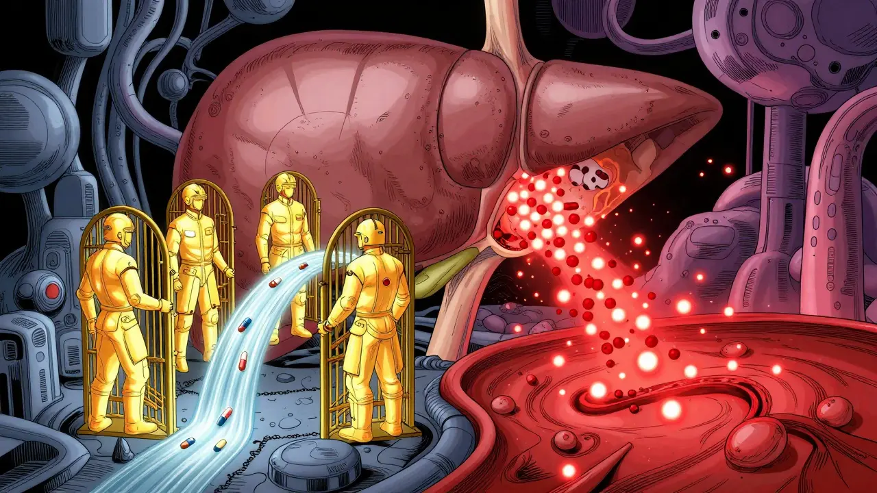 Stylized manhua depiction of liver enzymes processing medications with some blocking the flow.