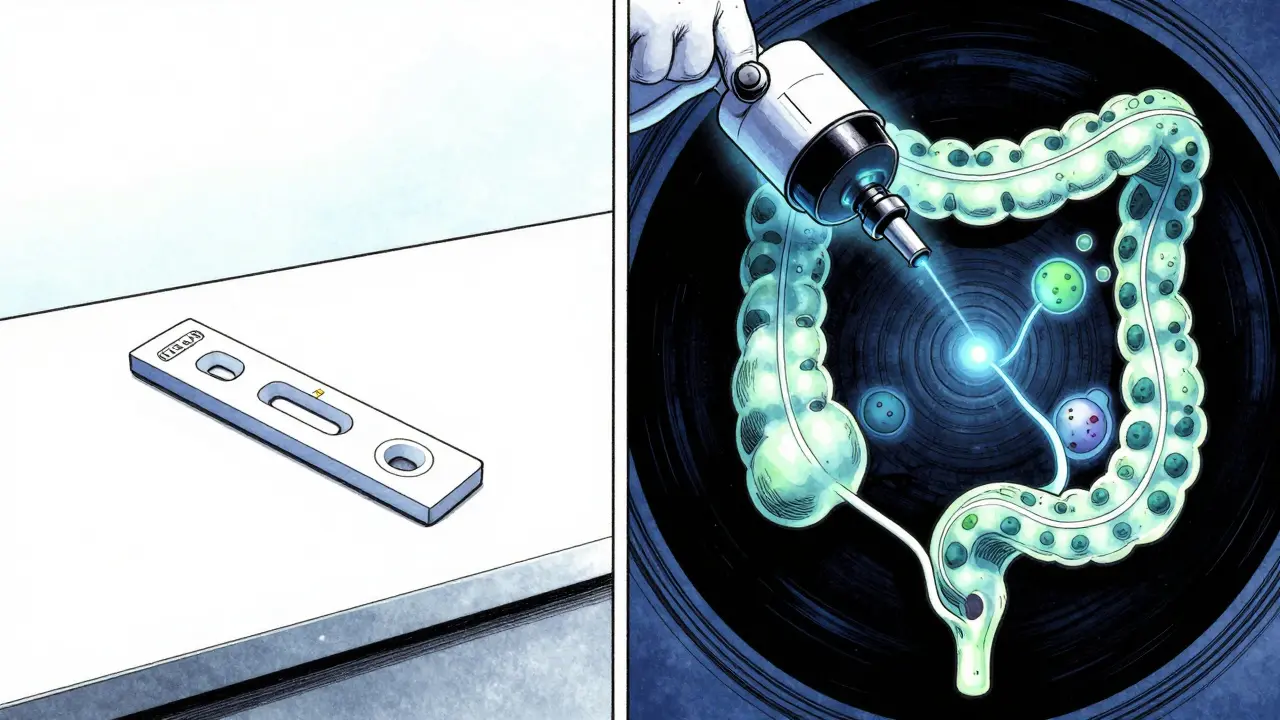 Comparison of stool test kit and colonoscopy procedure in manhua art style.