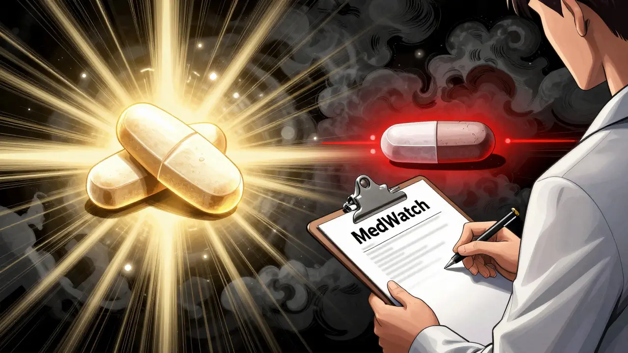 Conceptual art showing differences between brand and generic pills with reporting tools.