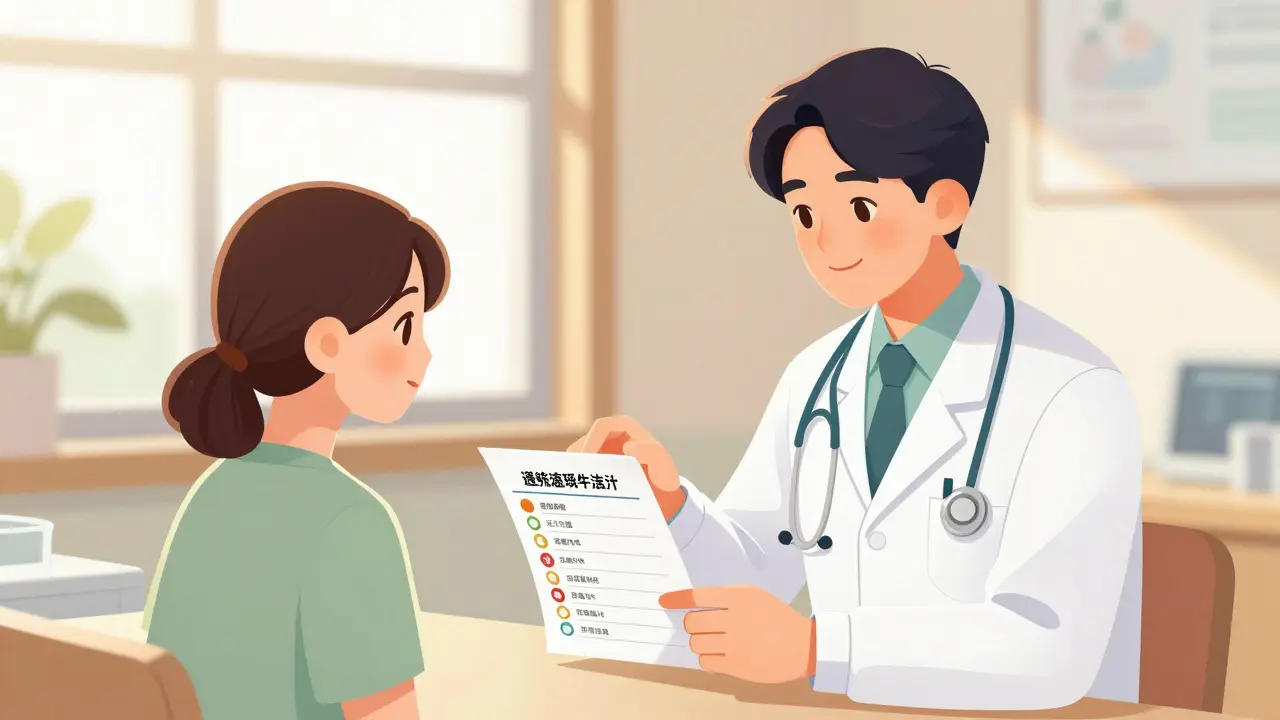 Doctor and patient reviewing meds in a sunny clinic