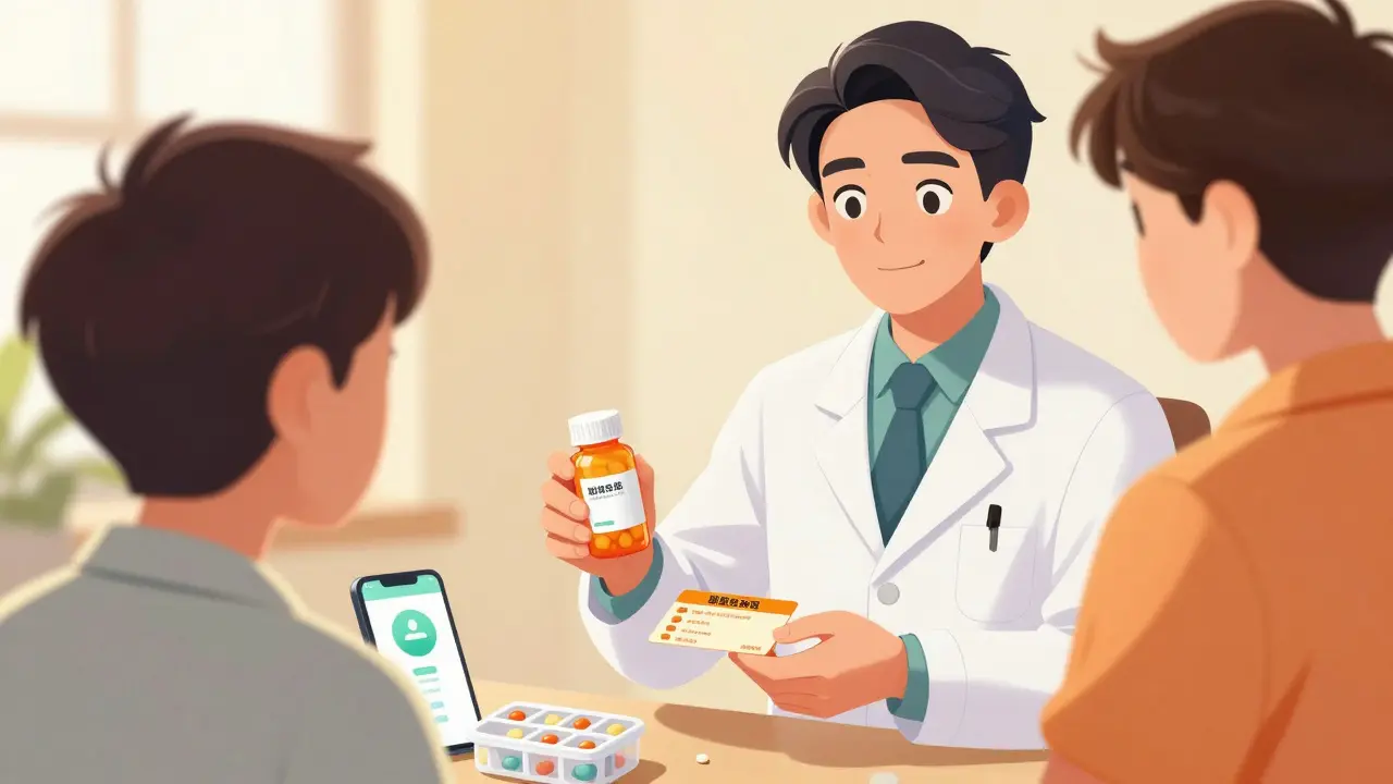 Doctor offering generic meds and discount cards to patient