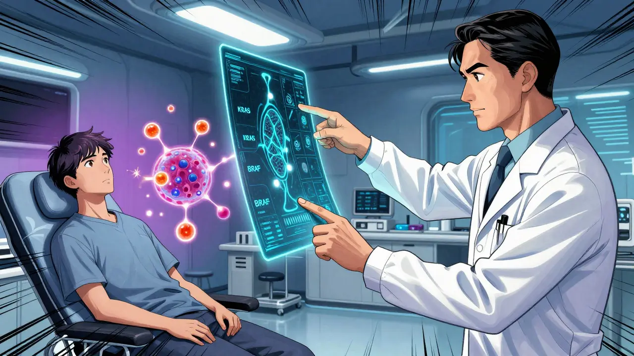 Doctor reviewing genetic tumor map with targeted therapy particles nearby.