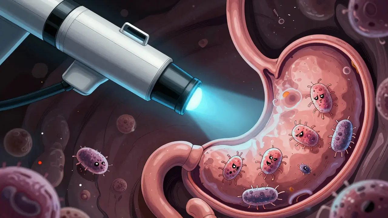 Endoscope viewing H. pylori bacteria in stomach