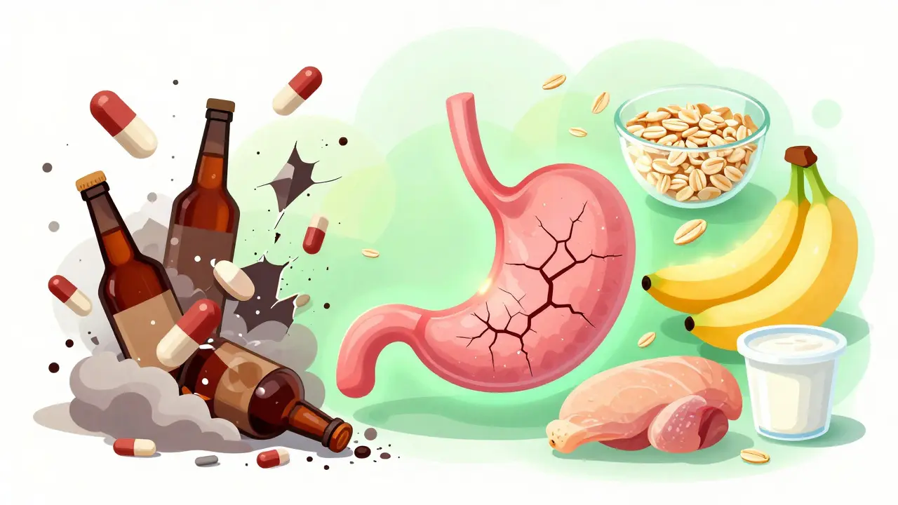 Healthy foods and healing stomach concept