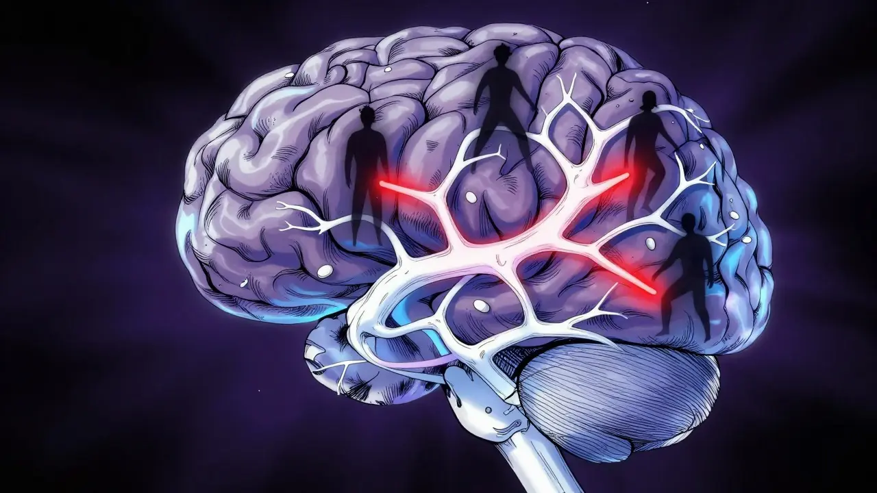 Illustration of brain neurons blocked by drug shadows