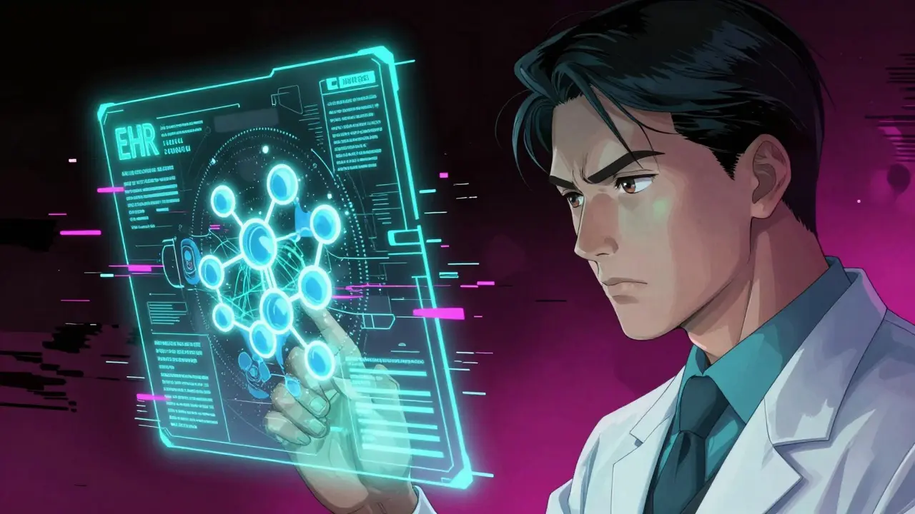 Manhua style pharmacist analyzing holographic medical data with glitch effects