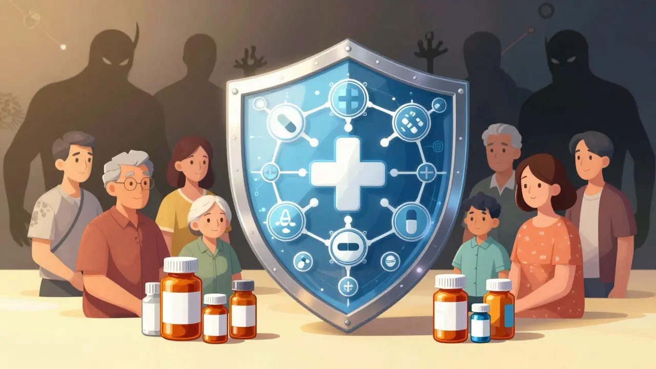 Manhua style shield protecting patients from shadowy drug threats