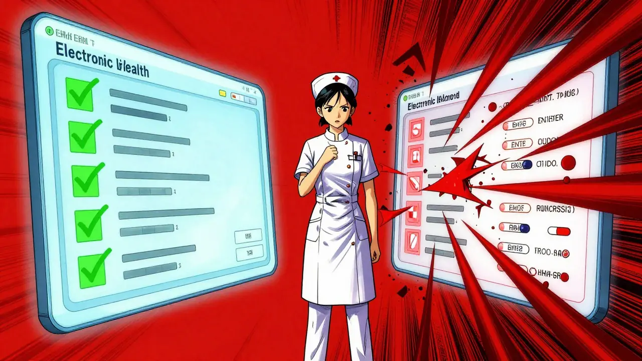 Nurse standing between glitching tech interfaces representing EHR benefits and risks.