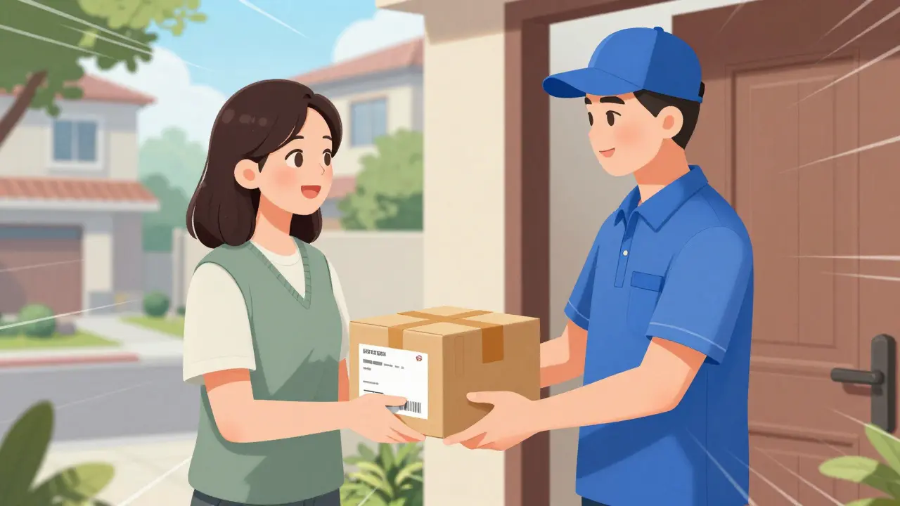 Patient receiving securely packaged medication from delivery courier