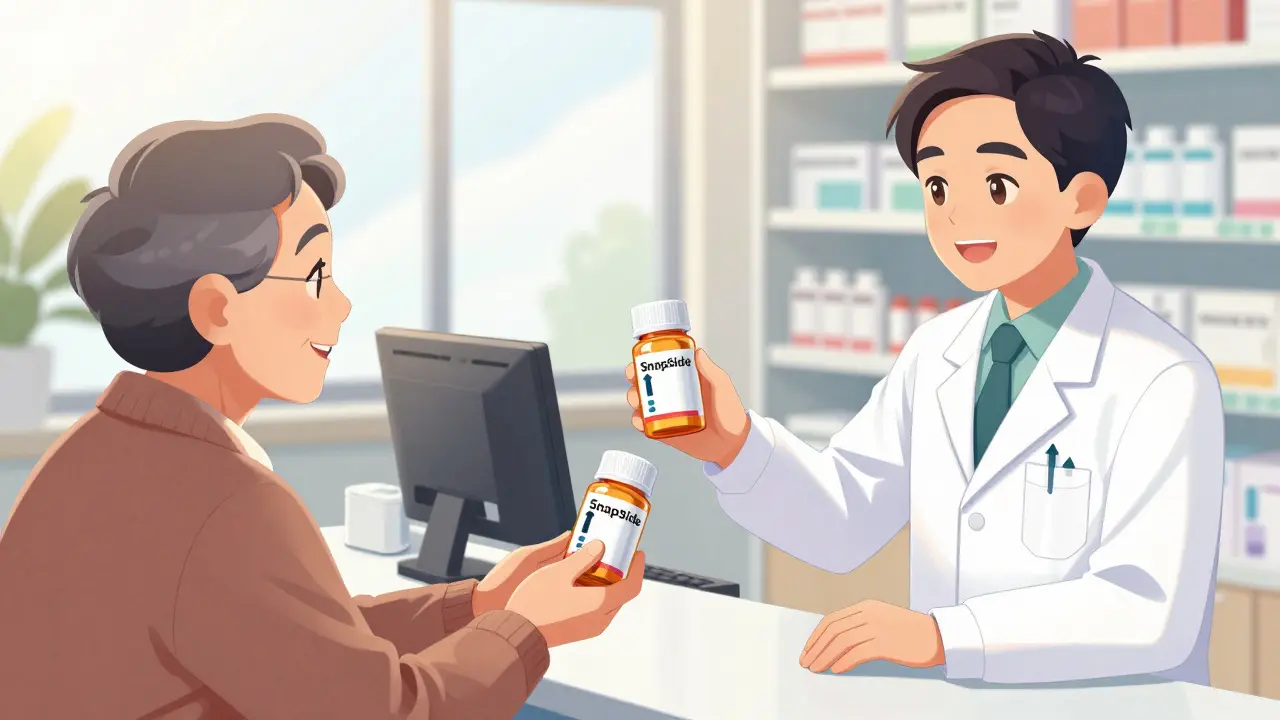 Pharmacist handing easy-open meds to a senior