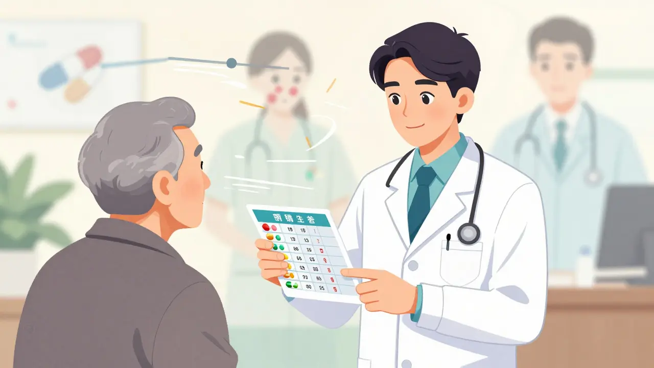 Pharmacist helping elderly patient with visual medication schedule, fading threats.