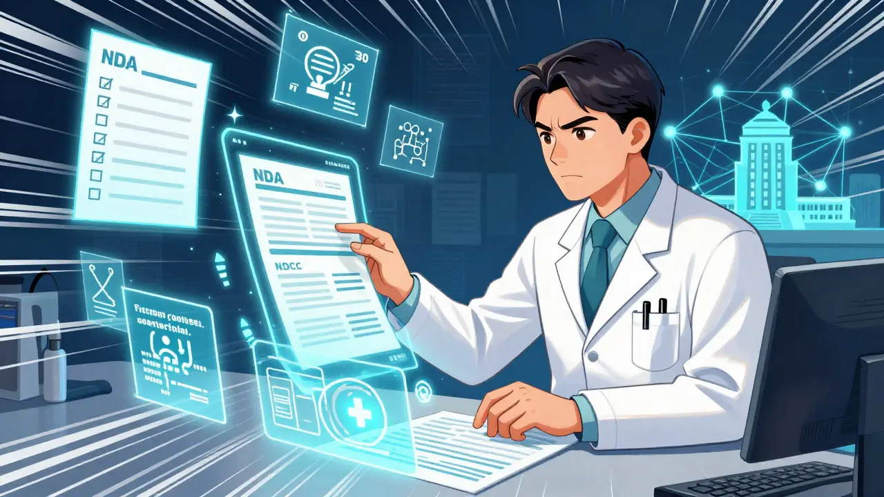 Pharmacist submitting safety reports amidst digital data streams in manhua style.