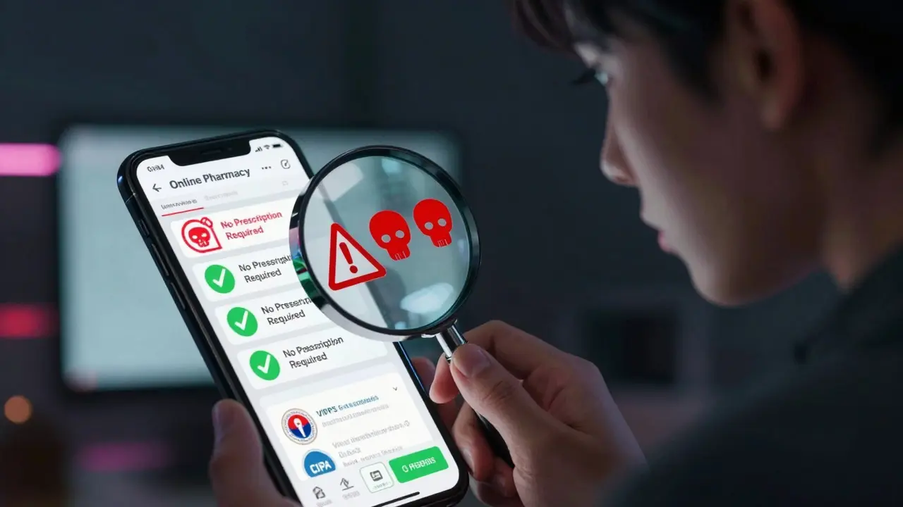 Character checking online pharmacy safety seals with a magnifying glass.