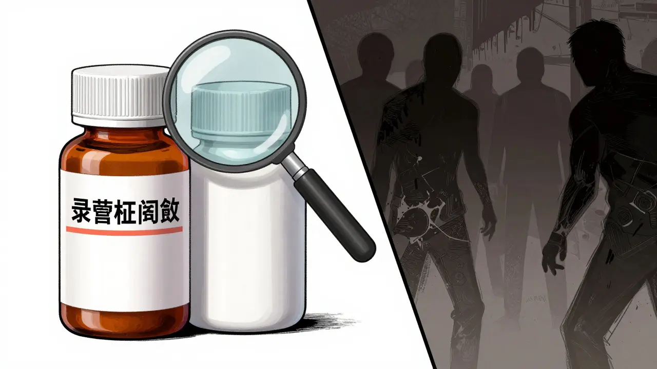 Comparison of legitimate vs fake medicine bottles in manhua style