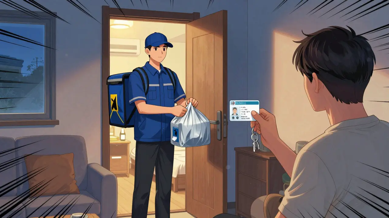 Delivery driver handing drinks to customer at door in manhua style