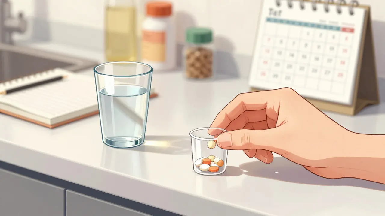 Hands measuring pills and water on a kitchen counter safely