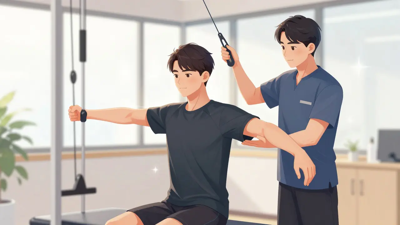 Patient doing shoulder rehab exercises with therapist