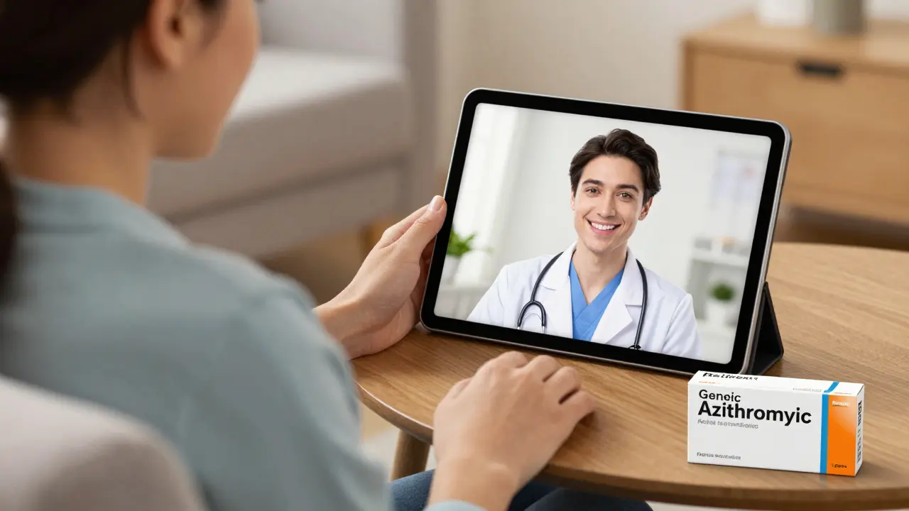Person using telehealth app for affordable generic antibiotic prescription.