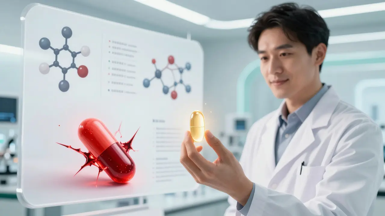 Scientist holding safe golden pill in futuristic lab with molecular graphics